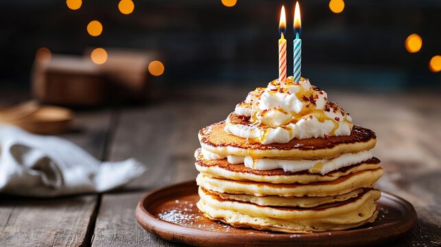 Stack of pancakes with whipped cream and birthday candle .