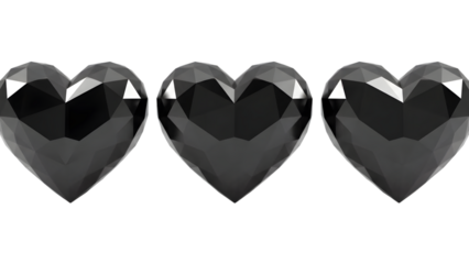 Three shiny black heart shapes isolated on transparent background