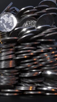 Coins fall into a pile on a dark background, 3D animated video