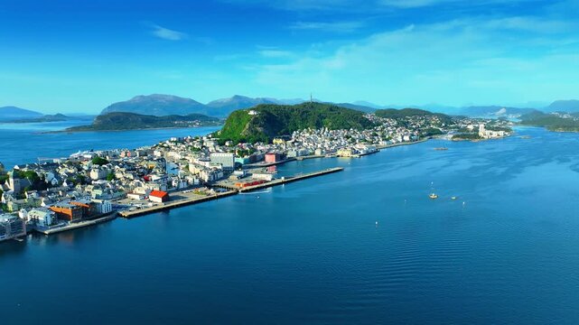 Alesund Aerial Skyline Harbor And Islands Norway Summer