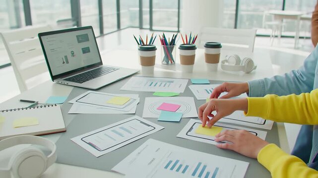 Creative UI designers placing colorful sticky notes on mobile app wireframes during a collaborative brainstorming session in a bright office, illustrating agile development concepts.