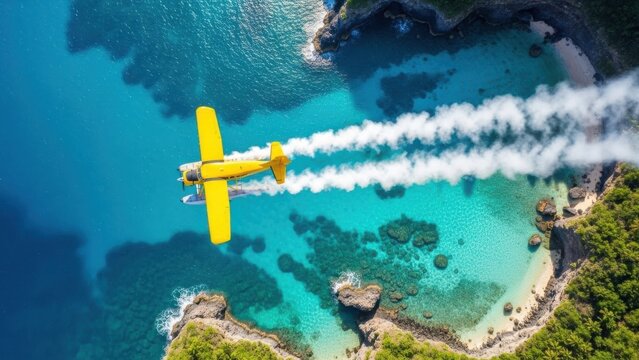 Yellow plane flying over tropical blue bay