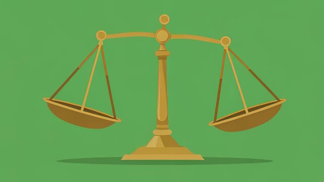 Golden balance scale swaying on a green background in a flat 2D animation, illustrating justice and law concepts.
