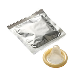 Silver square foil packaging and natural latex condom isolated on transparent background
