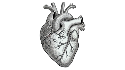 Vintage Engraving Of Human Heart Anatomy On Black Background