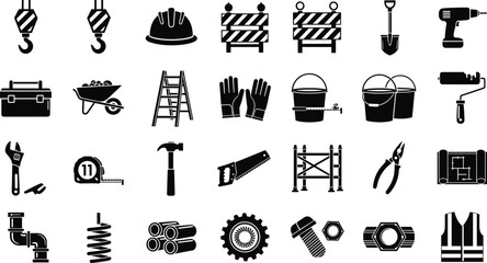Construction tools and safety equipment icon set including helmet ladder drill wrench shovel and toolbox black vector illustration