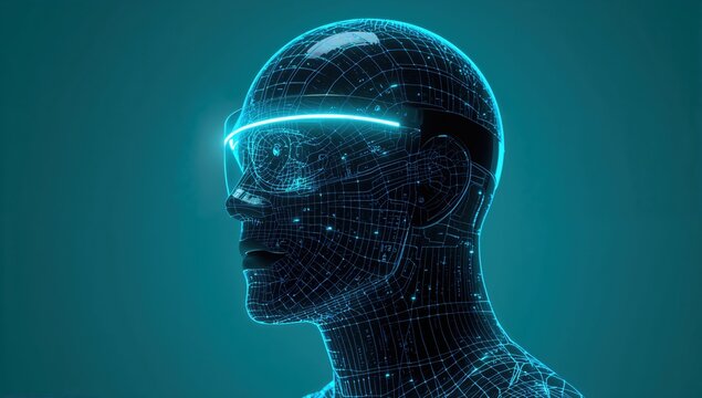 AI human face with digital grid, cyber technology visualization, and science fiction data network design - Powered by Adobe