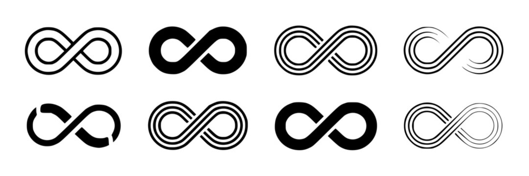 Collection of diverse black infinity symbols in various styles including outline, solid fill, double-lined, and brush stroke effects on white background.