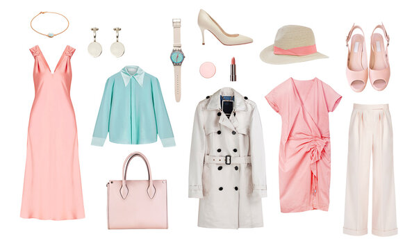 Beautiful women's clothes set isolated, femal clothing collection, spring apparel, pink white garment,collage of trendy wear and acessories.