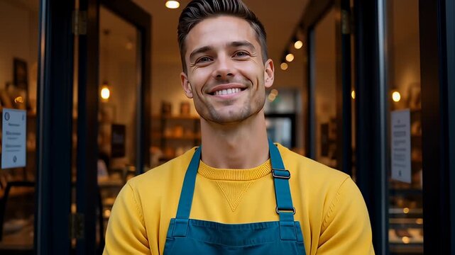 Confident young male shop owner wearing a yellow sweater and blue apron crossing arms in front of a boutique storefront, symbolizing small business success.