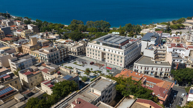 Aerial view of the building that houses the National Museum of Magna Graecia, located in Reggio Calabria, Italy. It is a National Archaeological Museum located in center, near the seafront of the city