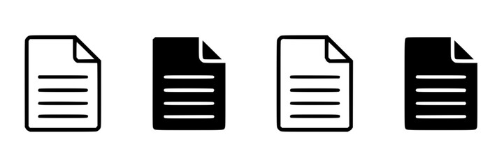Fototapeta premium Set of four document icons in outline and solid black fill styles, representing paper sheets with horizontal lines of text for data and information concepts.