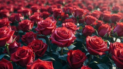 Obraz premium Field of Fresh Red Roses with Morning Dew Drops and Soft Sunlight