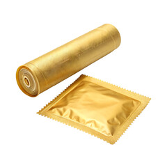 Golden luxury condom foil packet and rolled golden packaging on transparent background