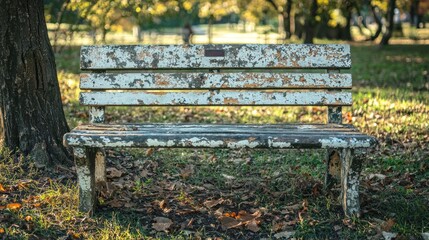 A weathered wooden bench with peeling paint in a sunlit park illustrating the charm of imperfection in nature