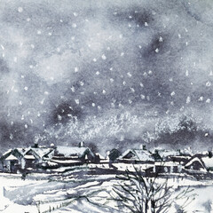  Winter landscape with a small village.