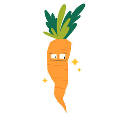 Cute carrot character with face, isolated on white background. Funny vegetable illustration for kids design, healthy food concepts, education, packaging, stickers, posters, and branding