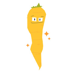 Funny yellow carrot character with expressive face and sparkles, isolated on white background. Cute vegetable illustration for kids design, healthy food concepts, stickers, branding, and education