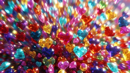 Group of Colorful Heart Shaped Gemstones and Diamonds with Rainbow Light Leaks