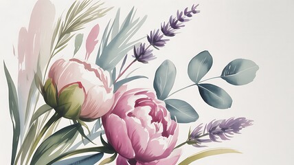 Pink and purple flowers with green leaves and purple stems on white background pink flowers