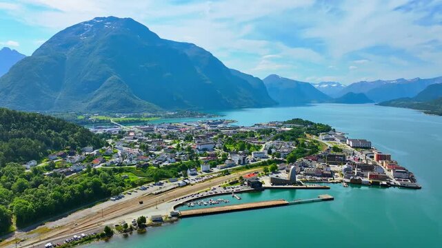 Andalsnes skyline and fjord Isfjorden Romsdalsfjorden Aerial view Norway