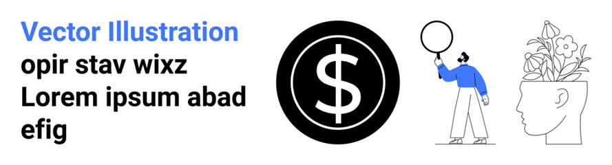 Obraz premium Person holding a magnifying glass, dollar sign inside a black circle, flowering pot on human head. Ideal for finance, business, creativity, innovation, analysis, personal growth simple landing page