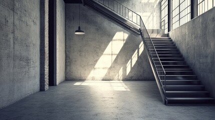 A minimalistic staircase design with a steel railing and clean lines, leading to a spacious loft. .
