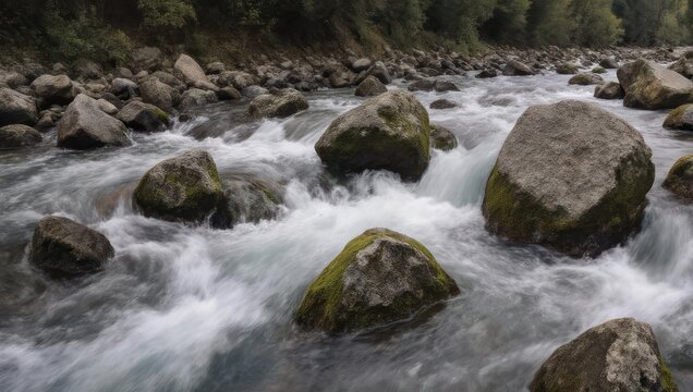 Rushing river with mossy rocks in a lush green forest landscape. - Powered by Adobe