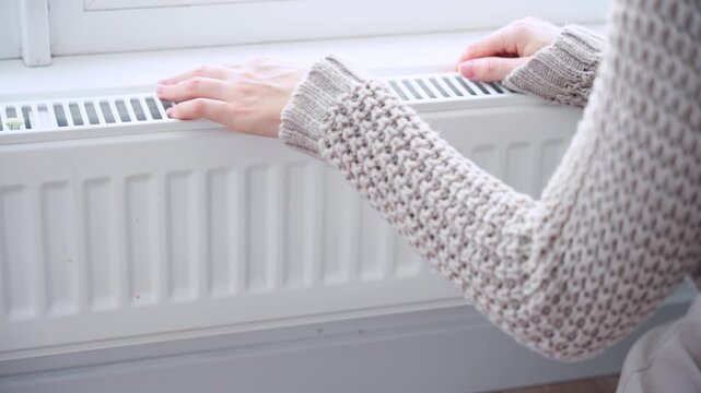 Body part of frozen woman hands checking warm radiator. person hand touching heater. low temperature cold winter. Saving utility bills. Expensive central heating. silhouette girl in knitted clothing.
