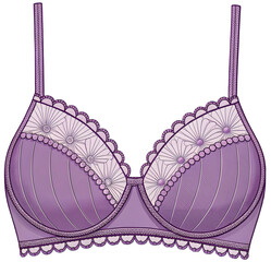 Purple illustrated lingerie bra with floral line art on transparent background