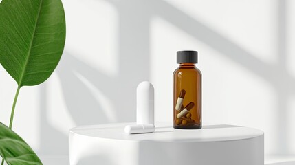 A clean, modern scene of a capsule next to a bottle of essential supplements on a bright white background .