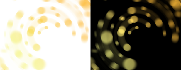 Golden bokeh circles overlay arranged in spiral motion for elegant photo and video effects on transparent or dark background