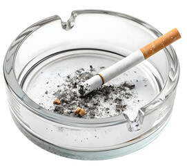 Glass ashtray with lit cigarette and ash isolated on transparent background