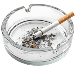 Glass ashtray with lit cigarette and ash isolated on transparent background