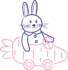 Fototapeta premium A bunny is sitting in a car shaped like a carrot. Easter and springtime. Hand drawn line art in a naive folk art style.