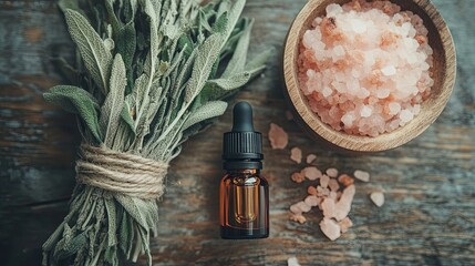 Essential oil bottle beside Himalayan salt and sage bundle .