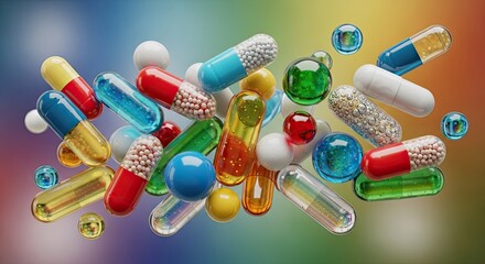 Colorful assortment of pharmaceutical capsules and spheres promoting health and wellness