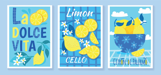 Lemon italian posters. Summer italy lemon flower wedding invitation greeting cards, amalfi or greece coast travel floral vintage design abstract elegant neat vector illustration © ssstocker