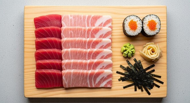 Delicious tuna and otoro sashimi assortment with sushi rolls on a wooden board prepared for serving