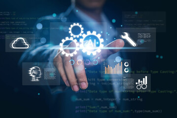 Businessman touching virtual interface with AI gears, concept of artificial intelligence, automation technology, digital transformation, data analysis, machine learning and future business innovation.