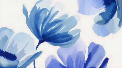 Watercolor painting of blue and light blue flowers with soft petals and stems