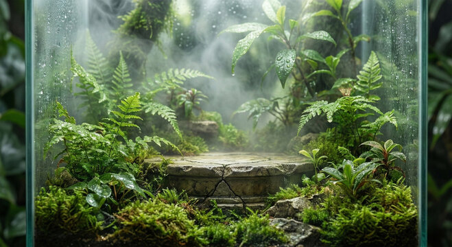 Macro photograph of an ancient stone ruin podium covered in moss and ferns inside a misty glass terrarium with water droplets