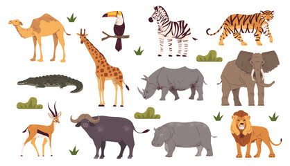 African savanna animals. Safari jungle animal fauna, exotic africa herbivorous carnivorous wild nature zebra rhino elephant giraffe tiger cartoon zoo set classy vector illustration