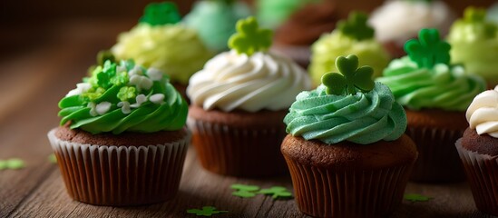 St Patrick's day concept , cupcakes with shamrock topper, Irish saint celebration