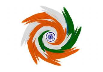 Obraz premium Abstract Spiral Design of the Indian National Flag with Dynamic Swirling Brushstrokes and Ashoka Chakra Centerpiece