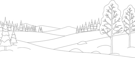 Obraz premium Outline drawing of rolling hills featuring various evergreen trees and deciduous trees set against a backdrop of distant mountains perfect for coloring