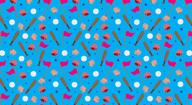 Seamless Baseball Pattern with Bats Balls Helmets on Blue Background