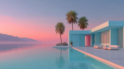 Fototapeta premium Luxury home with palms and pool at ocean, pink sunset background. Ideal for travel, real estate, and design projects with vibrant color.
