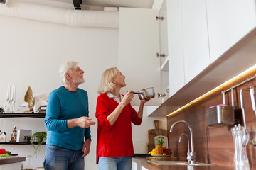 couple of elderly seniors are cleaning the kitchen and putting the dishes on the shelf, while grandma and grandpa are washing the dishes and doing housework together