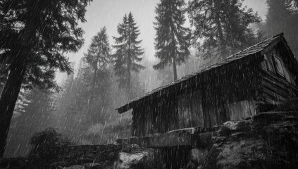 Moody black and white scene of a rustic cabin in a dense, rain-soaked forest